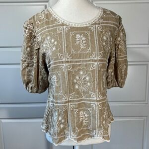 Anthropologie Solitaire Embroidered Floral Top Puff Sleeve Bohemian Blouse Med‎